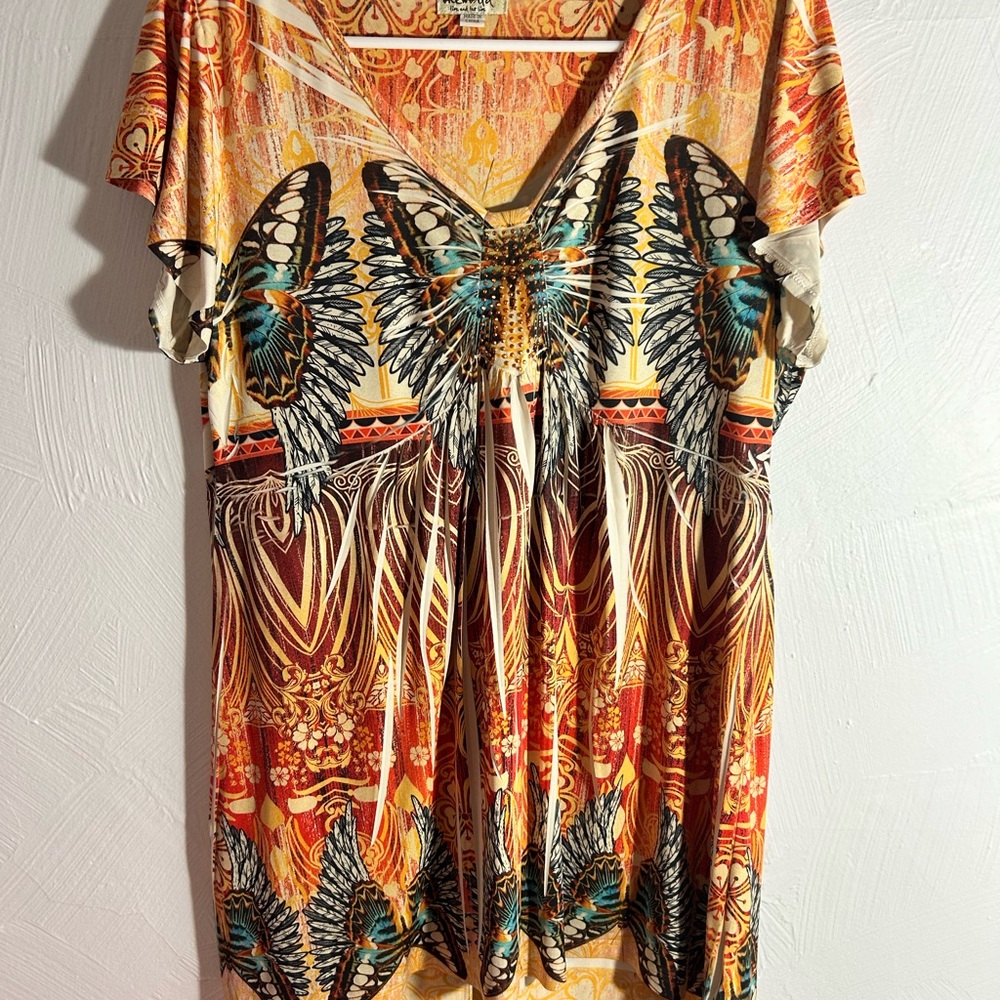 One World Vibrant Orange Butterfly Print Women's Top XL with sequins